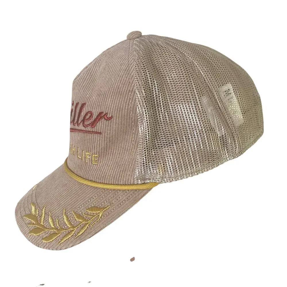 Miller High Life Trucker Hat Tan Corduroy Mesh Snapback Beer Cap One Size OSFM